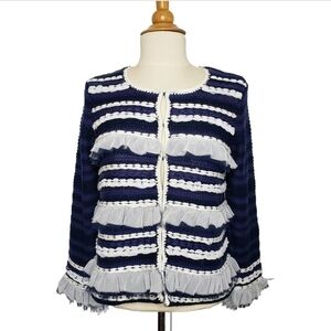 Chico's Ruffled Striped Mixed Texture Cardigan Sweater Small